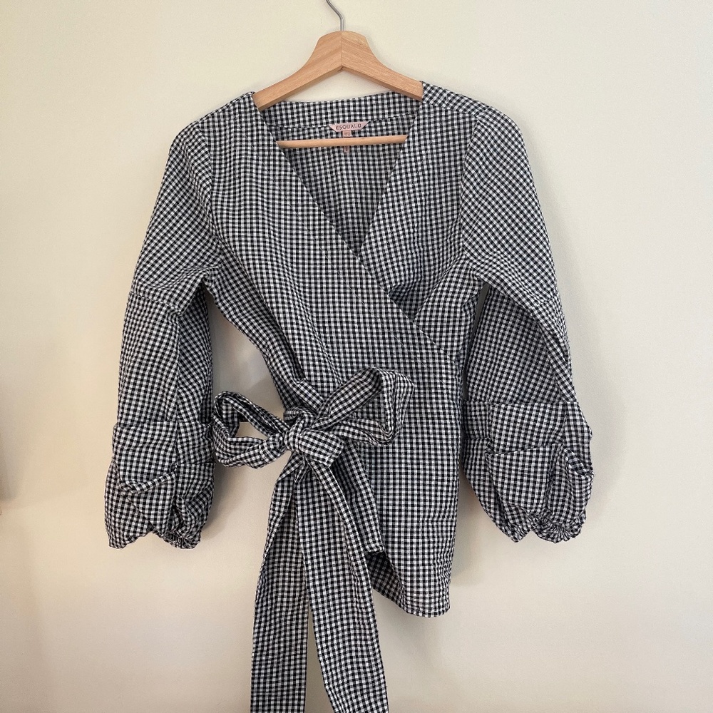 Esqualo Gingham Wrap Top with Puffed Sleeves and Bow!